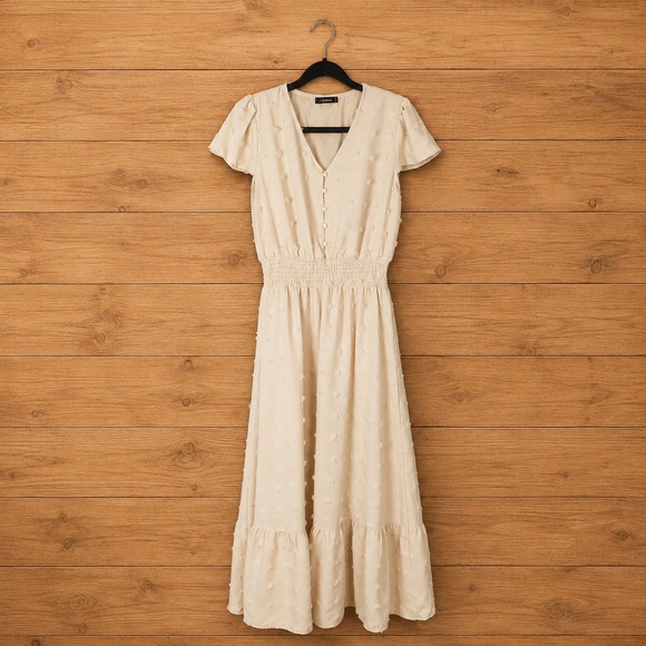 Dresses & Skirts - Cream Swiss Dot Maxi Dress Smocked Waist Pearl Button V-Neck Flutter Sleeve